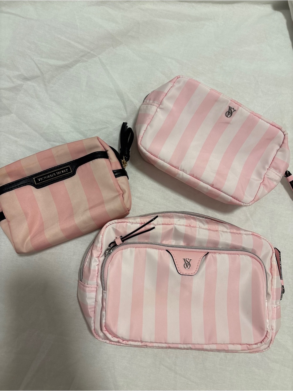 Victoria's Secret Pink and White Striped Makeup Pouch set bundle of 3